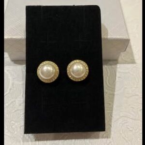 Earrings Gold colour and Pearl like Stud with crystal around the centre stone